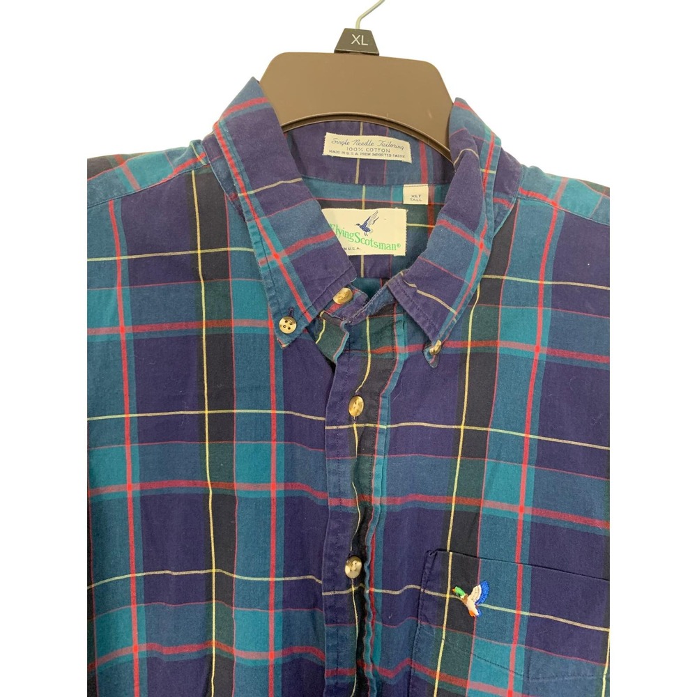 Vintage Flying Scotsman Mens‎ XLT Tall Plaid Button Down Shirt USA Made Green